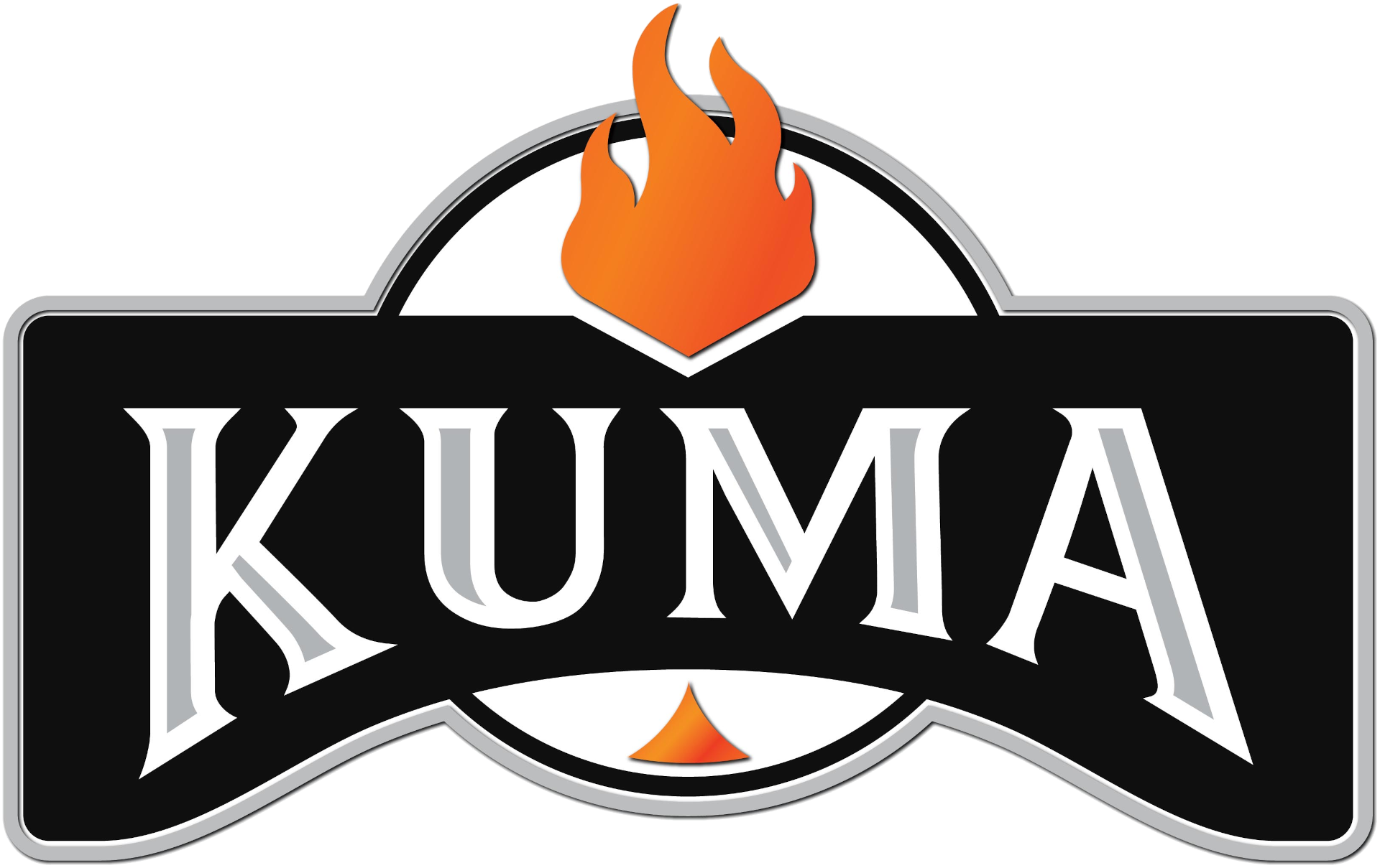 Kuma Stoves logo featuring white serif letters over a black banner with an orange flame symbol on top.
